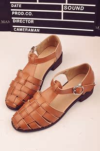  复古森女系搭扣休闲罗马镂空编织皮平底鞋新款英伦学院风凉鞋单鞋