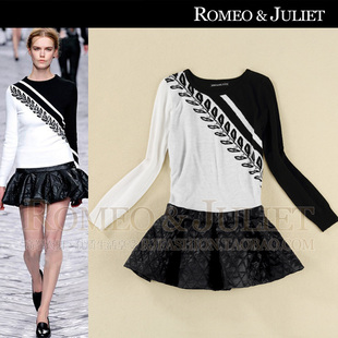 2013欧美女装秋装新款 针织毛衣菱格拼接黑白撞色长袖连衣裙