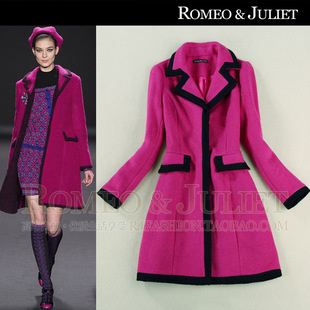 2013欧美女装秋冬装新款 简约翻领撞色镶边中长款羊毛呢大衣外套