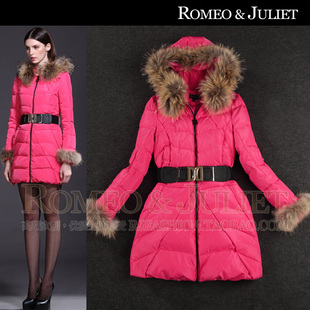 2013欧美冬装新款女装 胭脂红带帽貉子毛领修身中长款女士羽绒服