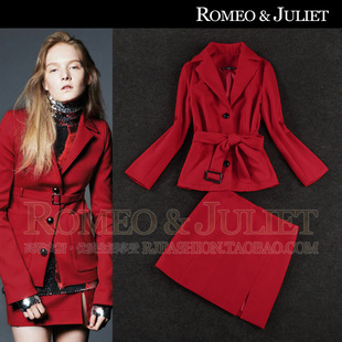 2013欧美秋冬女装新款 红色毛呢小西装+修身半身裙两件套职业套装