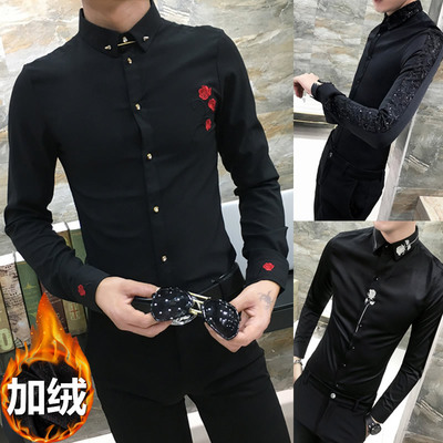 2019秋冬季保暖衬衫潮男韩版个性绣花长袖帅气发型师修身加绒衬衣