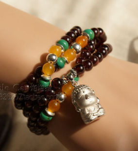  包邮本命年首饰品礼物 纯银如来佛祖神仙手链 石榴石四圈佛珠手串