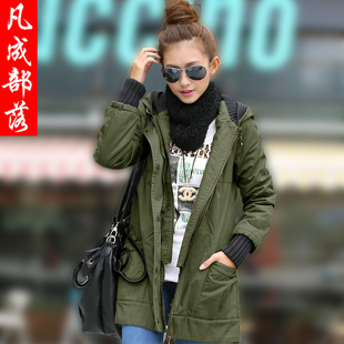  凡成部落新款冬季外套加厚保暖军绿 棉衣女 中长款棉服女修身女装