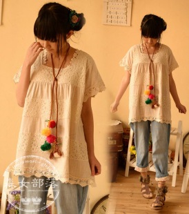  森女部落春季新款森林系日系蕾丝拼接宽松休闲短袖显瘦T恤