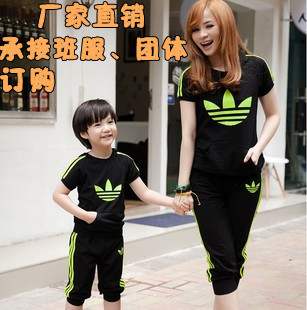  亲子装夏装全家装 亲子装夏装款母女母子装条纹运动套装大码