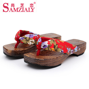  包邮尚芝恋夏季新款坡跟大花木屐男女夹脚人字拖鞋情侣厚底凉拖鞋