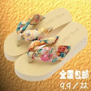 【九块邮独享】波西米亚人字拖女坡跟夹脚防滑拖鞋丝绸厚底沙滩鞋