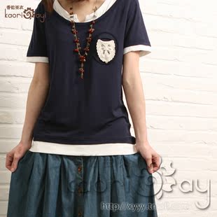  特价 新款春装日系森女系 丝滑拼接色蕾丝蝴蝶节百搭短袖T恤