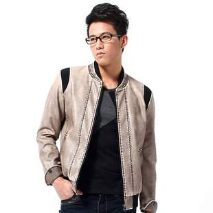  春装新款休闲双层领男士皮衣韩版男装潮流修身时尚机车外套男