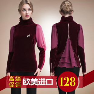  春装欧洲站新款高领长袖金丝绒打底衫大码加厚保暖加绒蕾丝衫