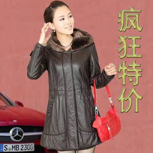  海宁真皮皮衣女士新款皮草绵羊皮中长款獭兔毛带帽真皮羽绒服包邮