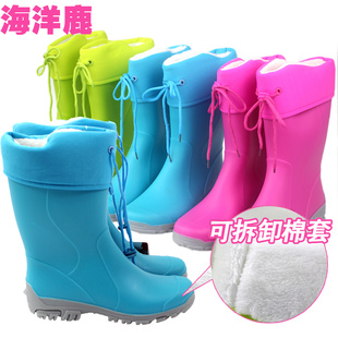  正品海洋鹿大童儿童雨鞋 成人雨靴保暖加绒内胆雨鞋冬季水鞋男女