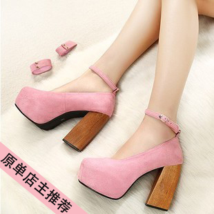  韩国代购 秋季新款短靴高跟鞋粗跟欧美复古内防水台单鞋女婚鞋