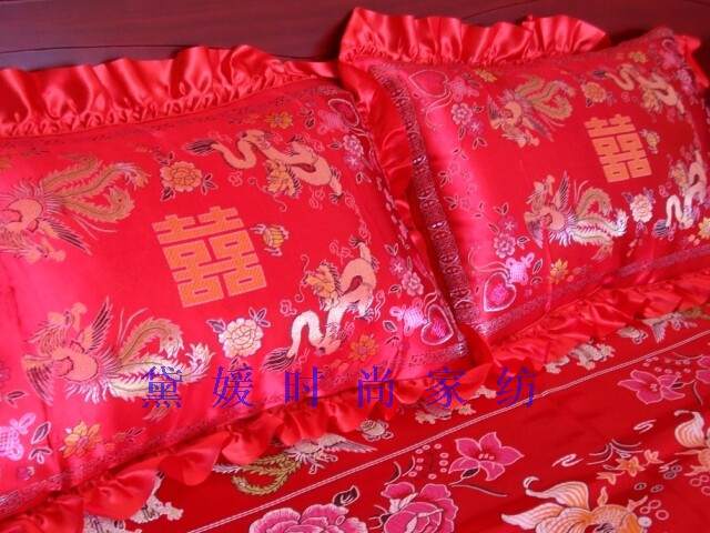 结婚庆龙凤喜百子图丝绸单人枕套 风景百子牡丹真丝织锦红绿粉金