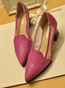  欧洲站春夏新款英伦尖头粗跟单鞋 中跟透气镂空网纱低帮鞋女鞋