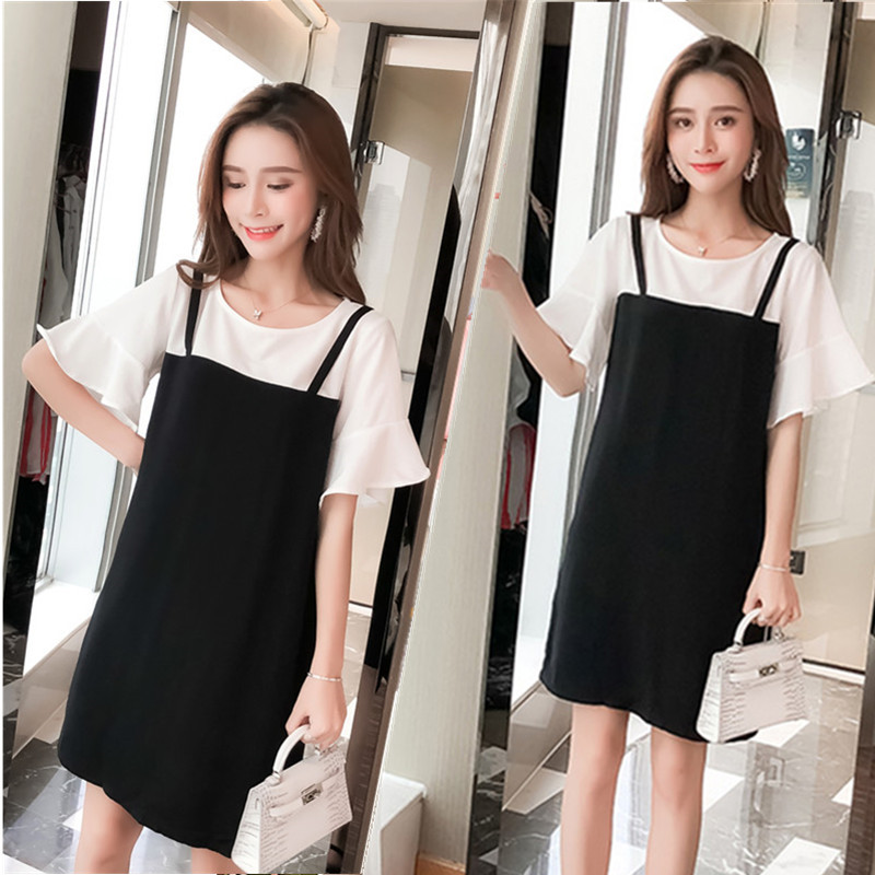 2019 new pattern Large Korean Edition Easy Show thin False two Lotus sleeve Mid length version mm Suspender dressin the Women's clothing/Boutique , Large size women category - from Buy2taobao.com to provide professional Taobao agent buy service
