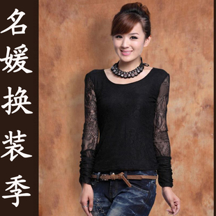 清仓价。淑女气质圆领黑色长袖蕾丝衫打底衫T恤