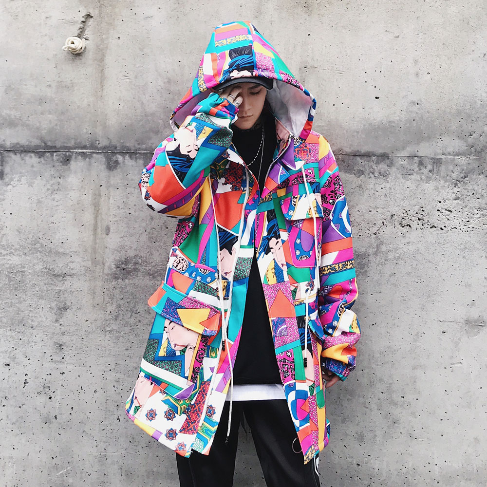 Guochao Spring and summer Graffiti printing Mid length version Hooded Jacket men and women Lovers money Hip hop Easy Thin section Windbreaker coatin the Men's clothing, Cotton category - from Buy2taobao.com to provide professional Taobao agent buy service