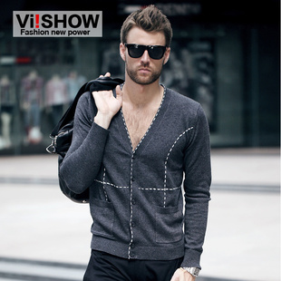  viishow新款春男士毛衣 男修身针织衫开衫外套时尚潮v领线