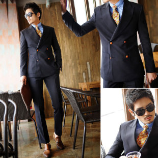  新时尚西服套装 男士韩版商务休闲纯棉西服套装 修身双排扣西装