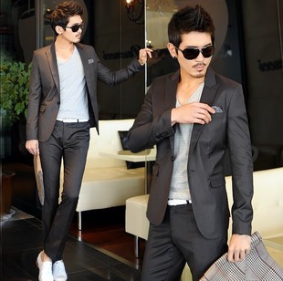  新时尚西装西服男士韩版商务休闲纯棉修身一粒单排扣灰色西服套装