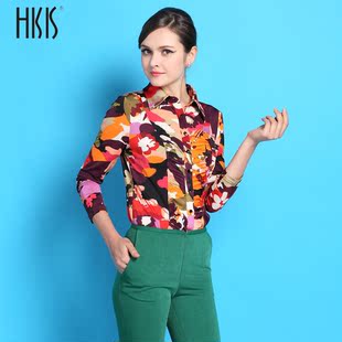  HKK高端欧美时尚印花衬衫女大码修身显瘦OL衬衣潮复古长袖打底衫