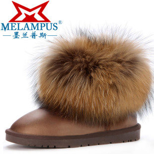  墨兰普斯女靴 超大狐狸毛雪地靴 防水女鞋短靴清仓 保暖女棉鞋