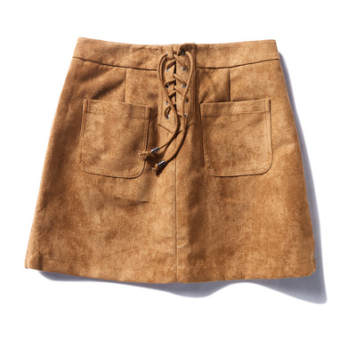 唐狮2018春新款半身裙 女款市场麂皮绒系带短裙大双口袋半身裙