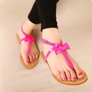  夏新品洋气复古学院风T字蝴蝶结平底鞋 夹趾女鞋 百搭凉鞋子