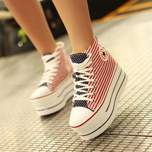  国旗条纹系带休闲鞋帆布鞋高帮厚底鞋松糕鞋女鞋子潮鞋7CM高跟鞋