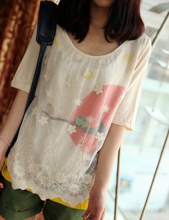  日系森女系文艺范插画蕾丝拼接双层拼接 圆领 短袖 女 t恤 夏装