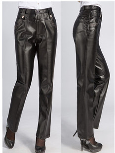  品牌女皮裤冬新款加厚加绒长裤直筒中腰经典女士正装工装皮裤大码