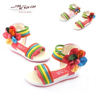  夏款韩版女童花朵凉鞋镂空彩虹鞋条纹公主鞋儿童高帮罗马鞋