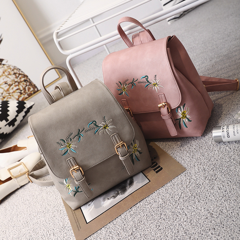 2018 new pattern girl student Embroidery knapsack PU Ethnic style fashion flowers and plants colour Embroidery Backpackin the Leather/Lady bags/Men's bag, Ms. bags category - from Buy2taobao.com to provide professional Taobao agent buy service