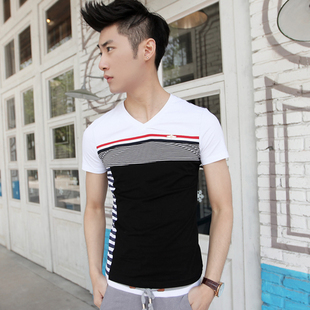  新款夏装春款韩版男装修身V领t恤潮男打底衫纯棉男士 短袖T恤紧身