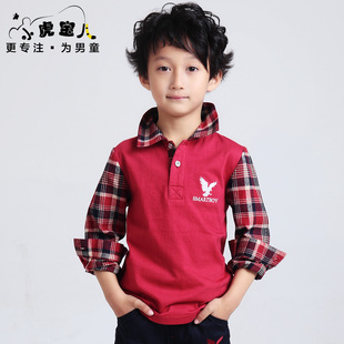  童装新款男童长袖T恤 韩版春装儿童翻领格子纯棉打底衫衣服潮