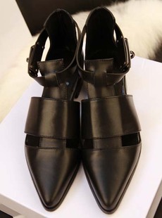  lisha-othersin欧美名媛风女鞋 金属复古搭扣平底鞋真皮尖头凉鞋