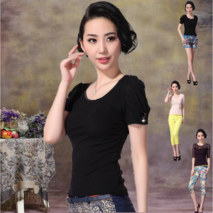  夏装新款女装 蝴蝶结蕾丝拼接网纱泡泡袖短袖女式T恤百搭上衣