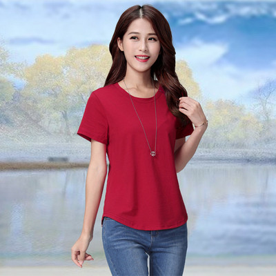 韩版纯棉宽松百搭纯色短袖女T恤时尚圆领上衣春夏显瘦休闲打底衫