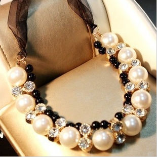 大珍珠水钻项链毛衣链...