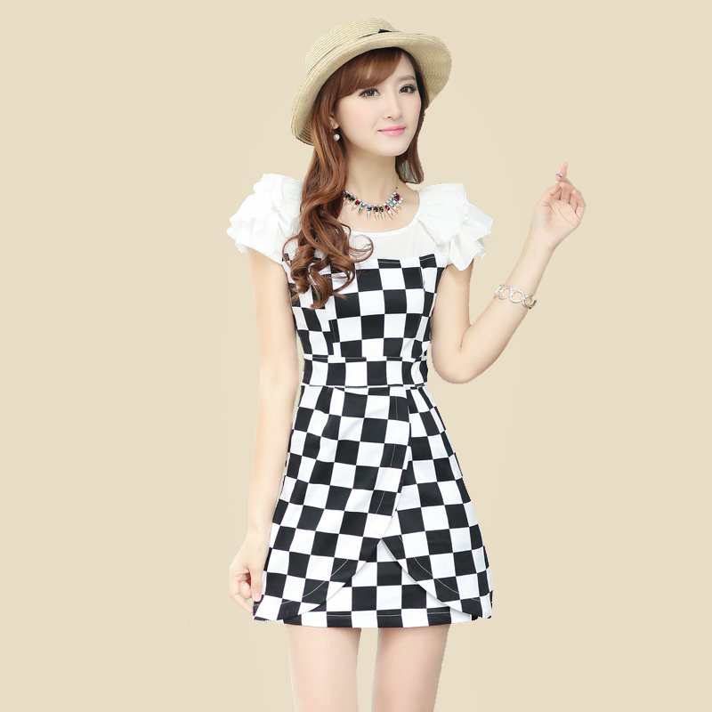 印花修身黑白格子...