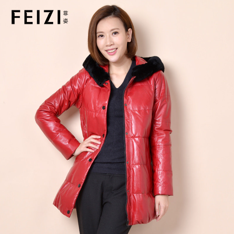 FEIZI菲姿2013冬新款女装 绵羊皮獭兔毛领保暖中长款女外套皮衣