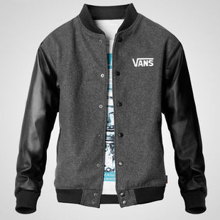  新款春装韩版VANS万斯修身卫衣羊毛PU皮拼接棒球服外套男装潮