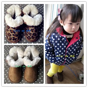  冬款外单儿童豹纹棉靴女童雪地靴男童纯色保暖低筒靴羊羔绒棉鞋