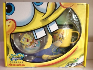  韩国正品新年儿童高档礼盒海绵宝宝碗/勺叉/杯子黄色三件套套装