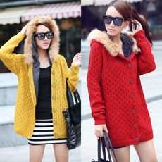 长款加厚编织毛衣休闲外套 连帽<em>毛衣 女外套</em> 包