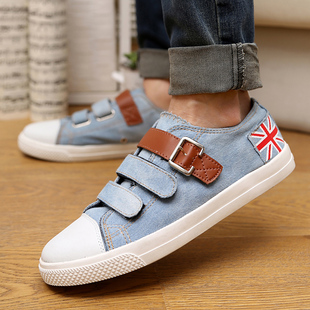  夏季时尚帆布鞋男板鞋 男式休闲运动鞋水洗牛仔布鞋 低帮透气搭扣