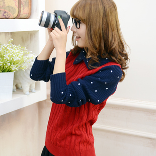  韩版女装春季潮 波点彼得潘领 复古麻花套头打底衫 加厚毛衣U4-2