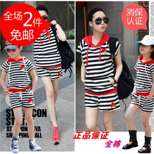 亲子装夏装春装全家装母子装母女装套装夏款条纹小鸟宽松套装